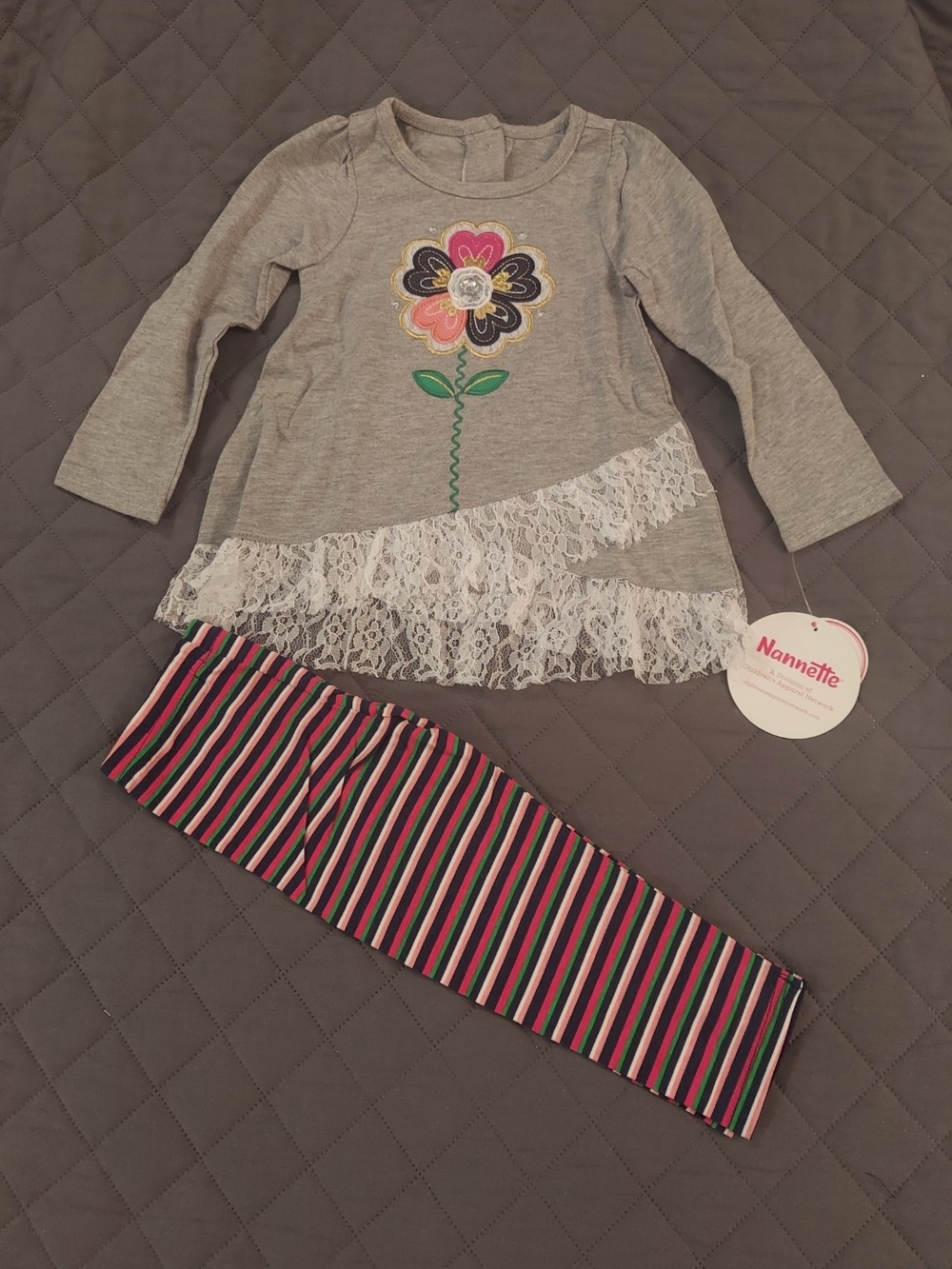 Nannette Gray Top with Multicolor Flower & Pink Green Navy Striped Leggings